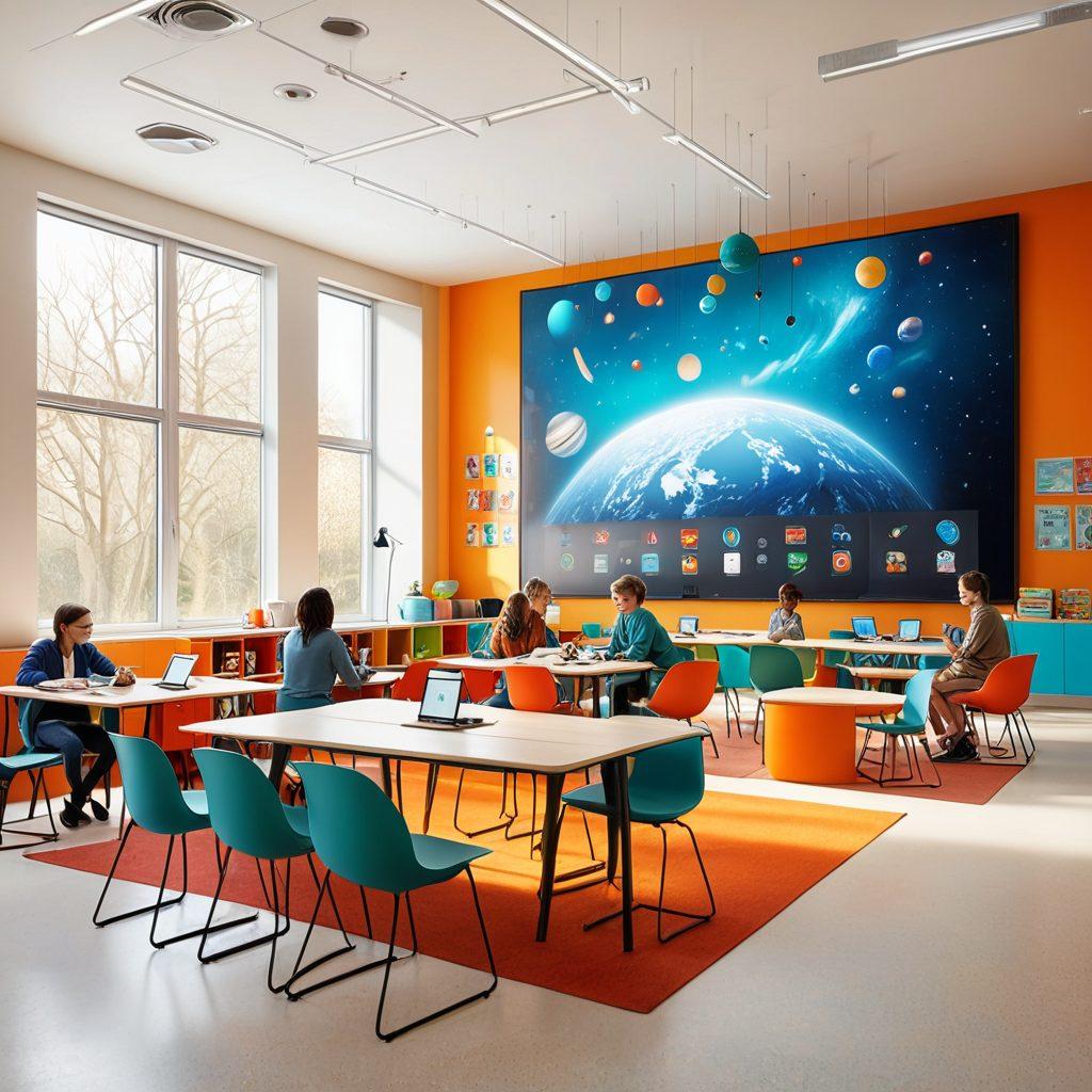 A diverse group of individuals engaging with interactive technology in a modern, bright classroom setting, filled with educational gadgets and digital screens displaying innovative information. The scene radiates empowerment through learning, showcasing young learners immersed in discussions and hands-on activities. Elements of lifestyle such as wellness books and tech devices subtly integrated. vibrant colors. 3D.