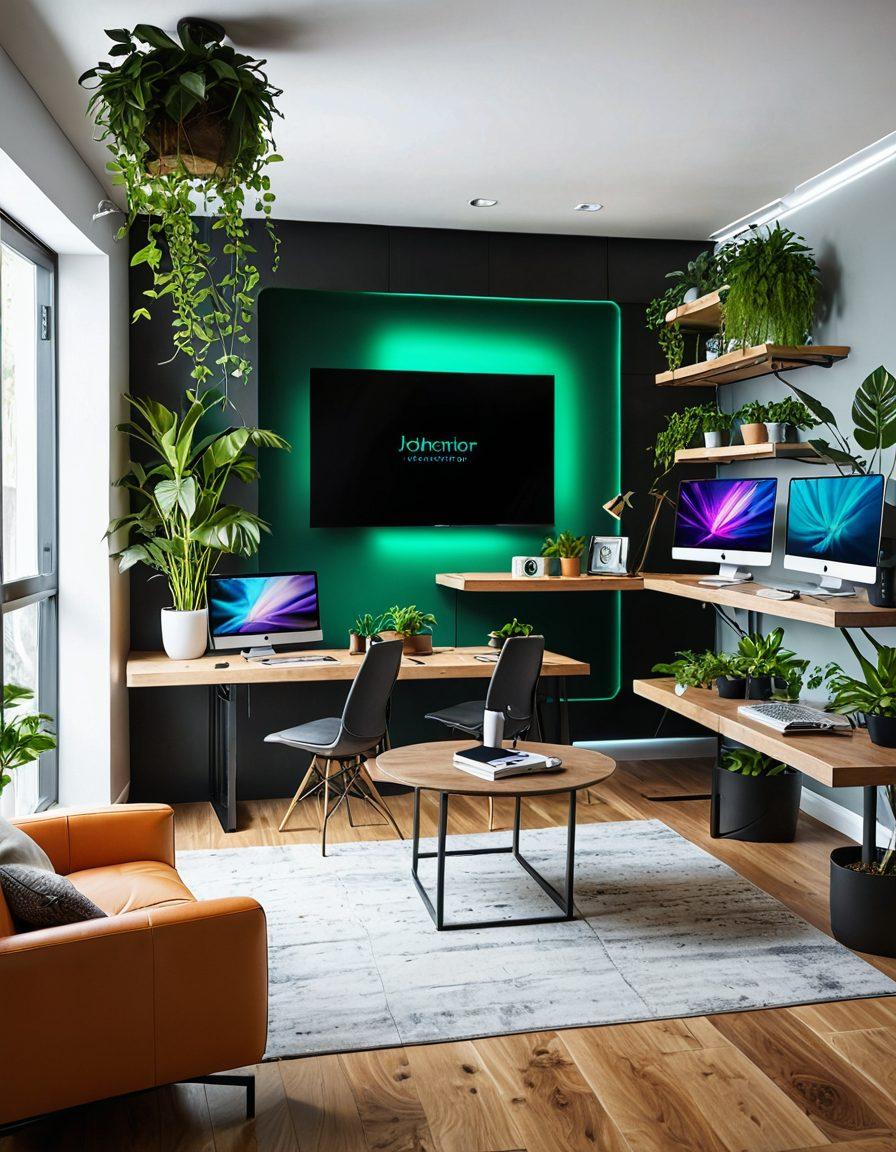 A futuristic home office setup showcasing advanced technology like smart screens and automation devices, surrounded by cozy elements such as plants and stylish furniture. Include a diverse group of people—young professionals engaged in discussions and using gadgets. The scene embodies a blend of tech innovation and modern lifestyle. bright colors. 3D. vibrant details.